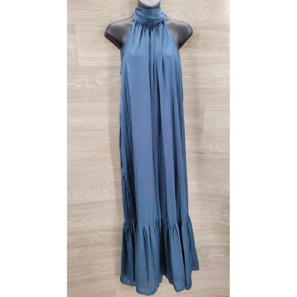 ZARA Pleated Halter Maxi Dress Women's Size Small Blue